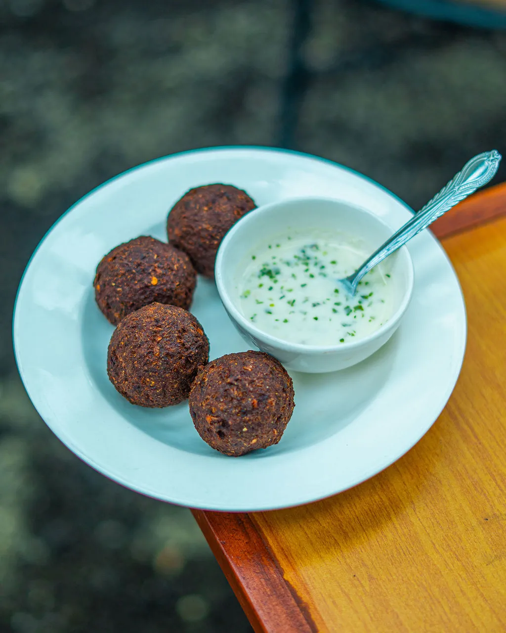 Kari kebab served with a fresh coconut chutney dip at Kaka's Barbecue